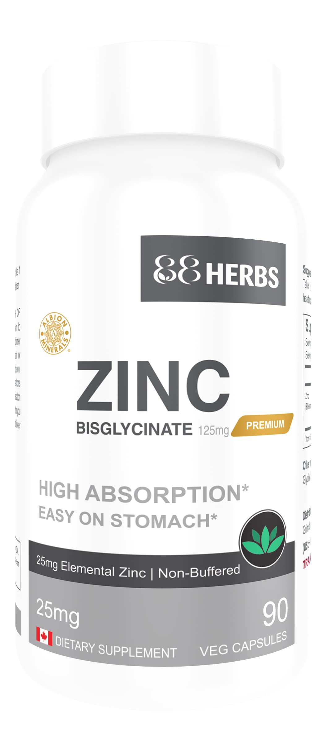 88herbs Zinc Bisglycinate Highest Absorption Non Buffered Premium Grade Capsules, 90 Count