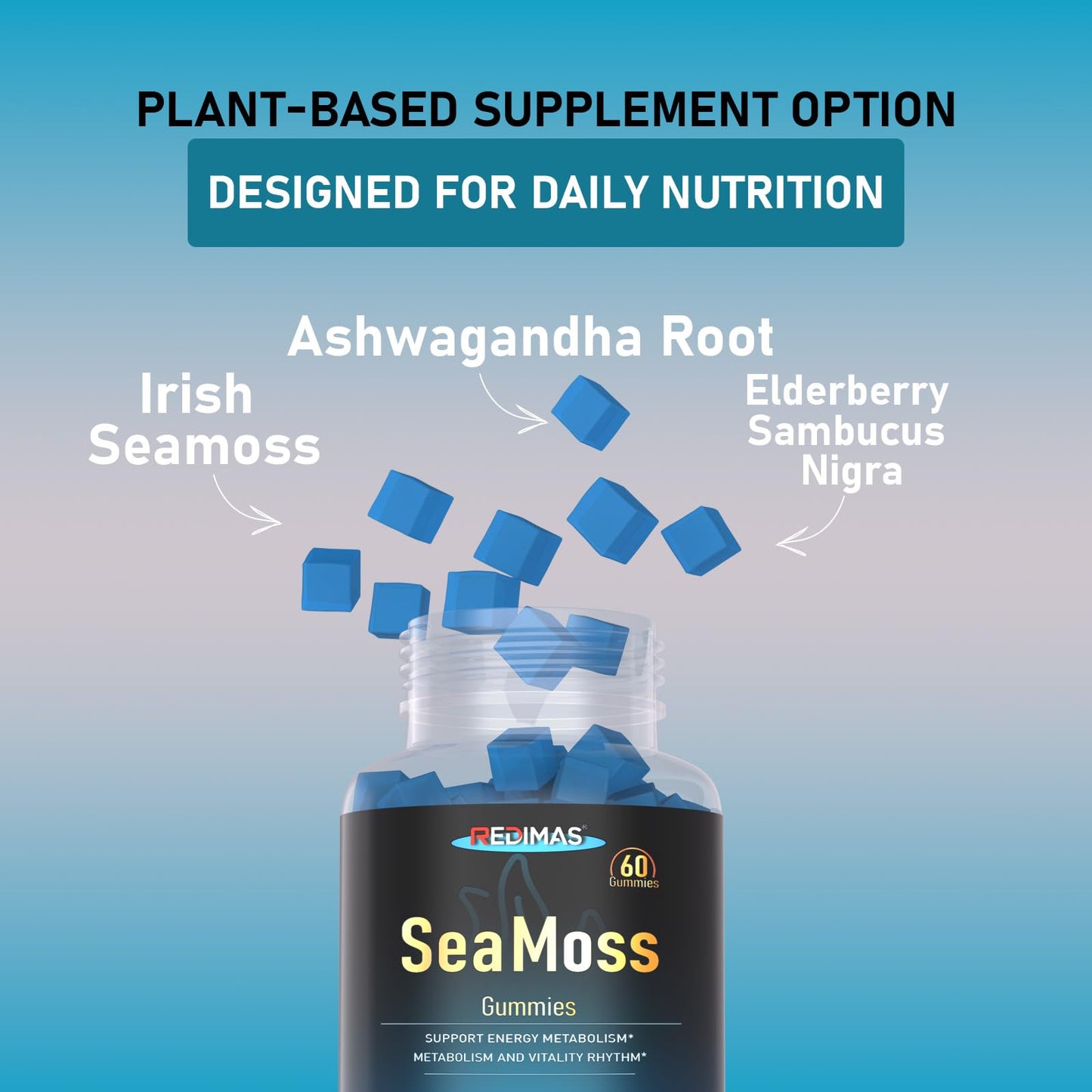 Redimas Sea Moss Gummies with Ashwagandha Root – Blueberry Flavor, Plant-Based Chewy Supplement, Daily Wellness, 60 Count