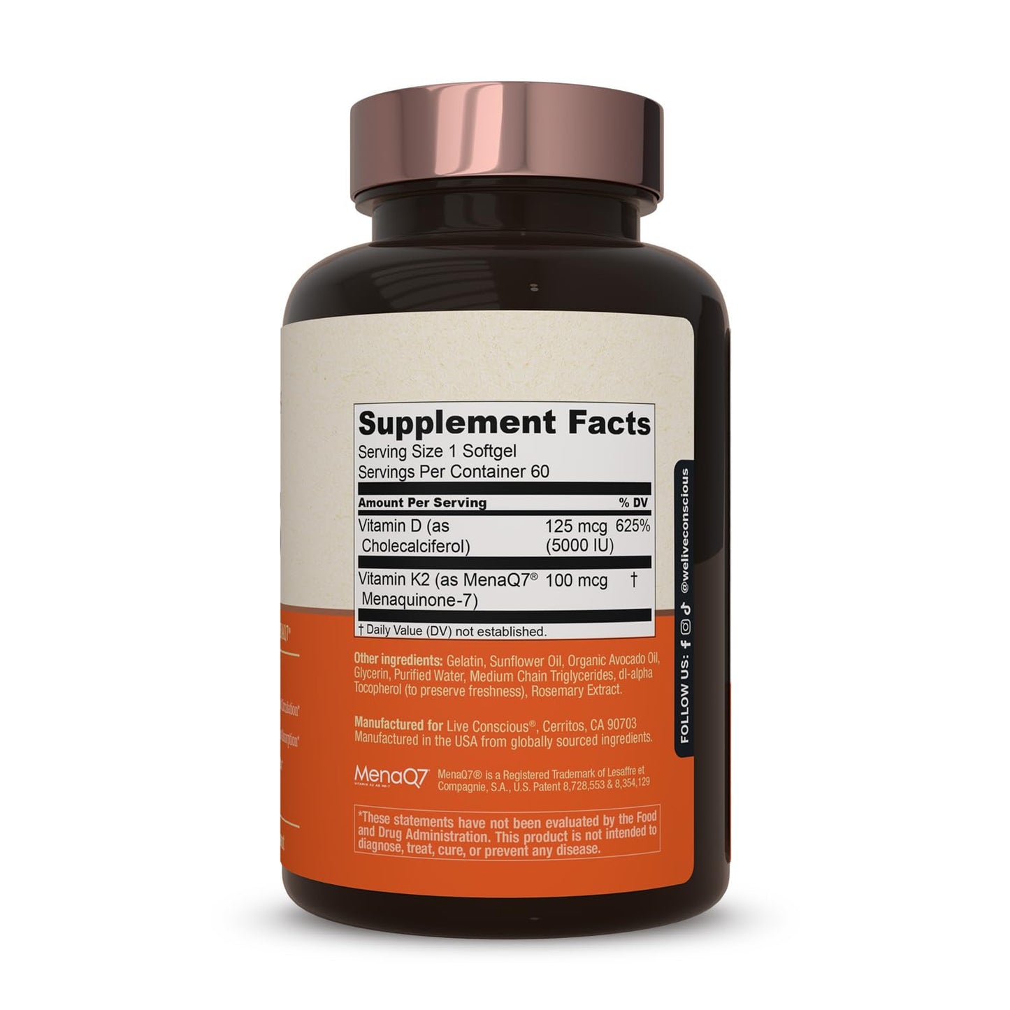 Live Conscious Vitamin K2 MK7 with D3 Softgel 120 Count