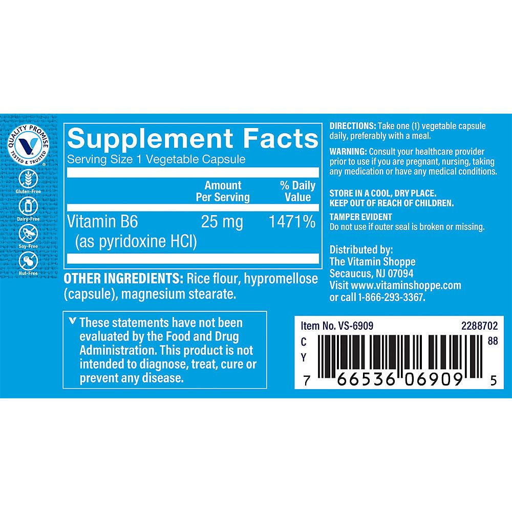 The Vitamin Shoppe Vitamin B6 25 MG Vegetarian Capsules 100 Count