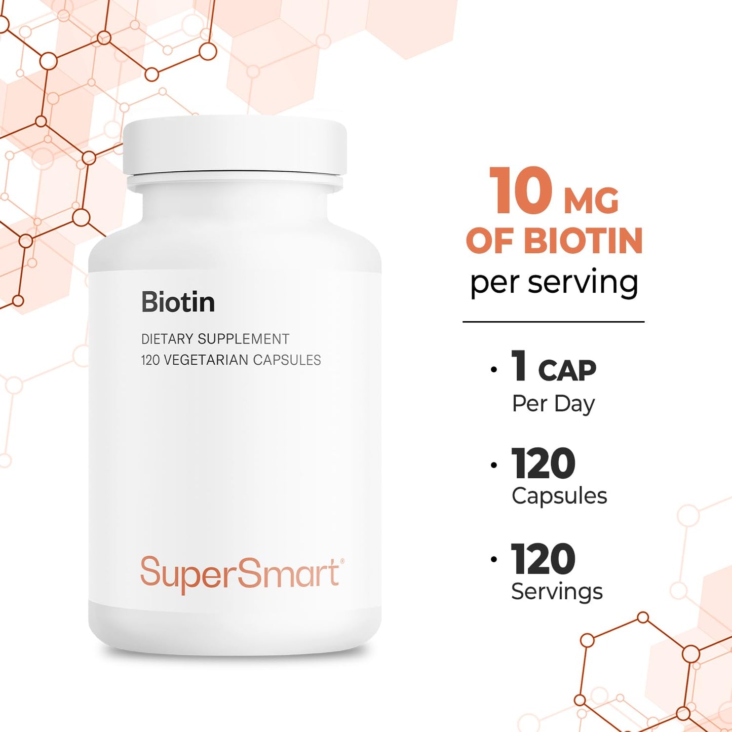 Supersmart Biotin 10,000mcg / 10g per Day (High Potency) Vitamin B7 Biotin Supplement Healthy Hair, Skin & Nails Capsules 120