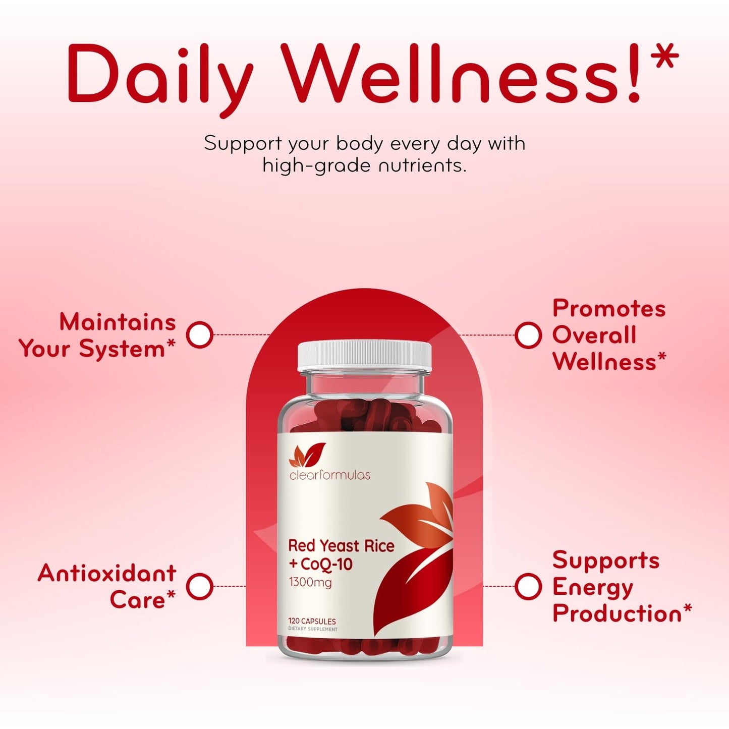 Clear Formulas Red Yeast Rice with CoQ10 Capsule, 1200 mg Red Yeast Rice & 100 mg CoQ10 per Serving, 120 Count