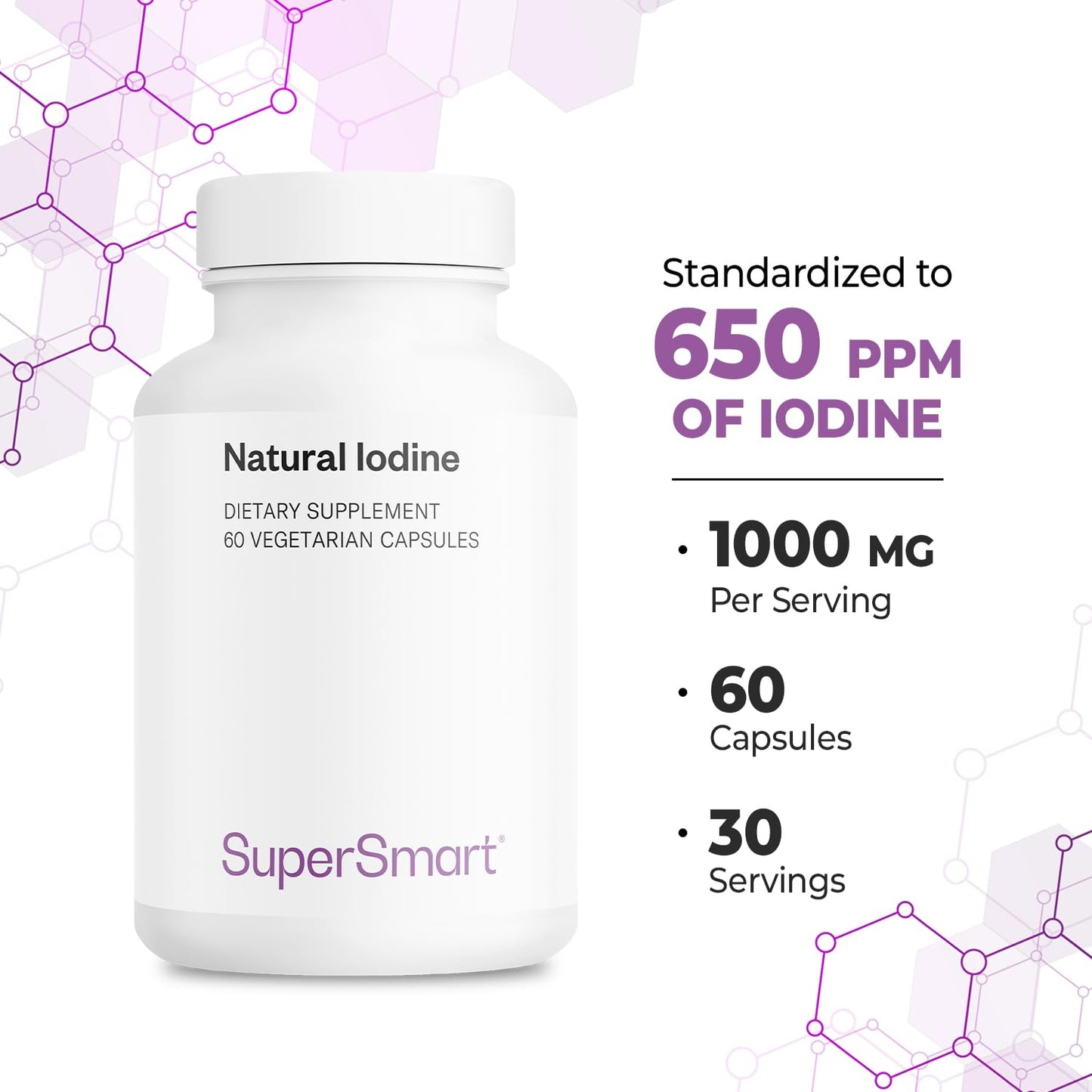 Supersmart Natural Iodine 1000 mg Per Day - Standardized to 650 ppm of Iodine - Thyroid & Healthy Nervous System Support Supplement, 60 Capsules