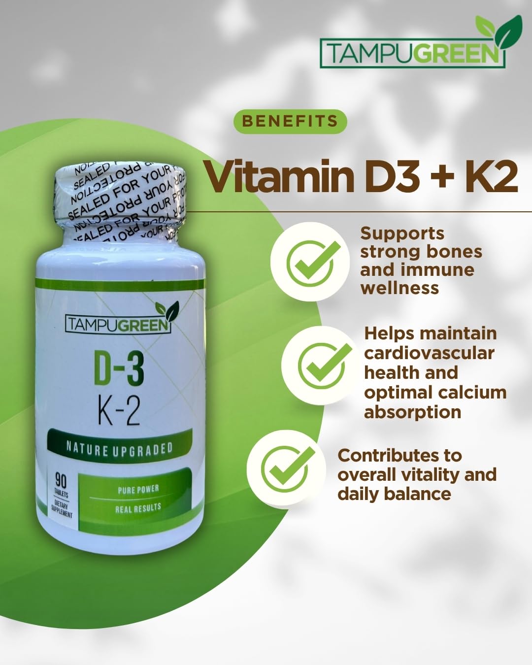 TAMPUGREEN Vitamin D3 + K2 2000 IU D3 + 75 mcg K2, 90 Tablets