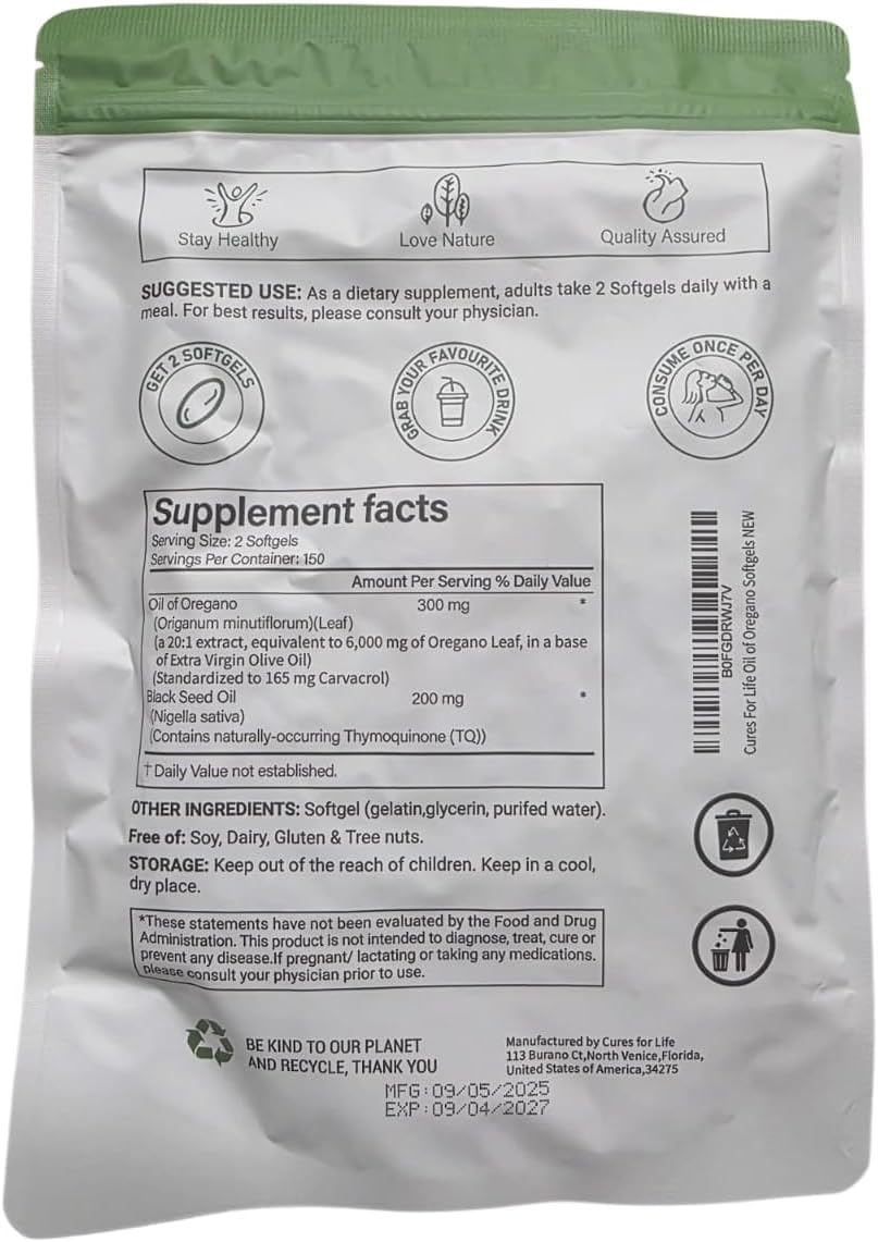 Cures For Life Oil of Oregano Softgels, 300 Softgels, 2-in-1 Immune Support & Digestive Health