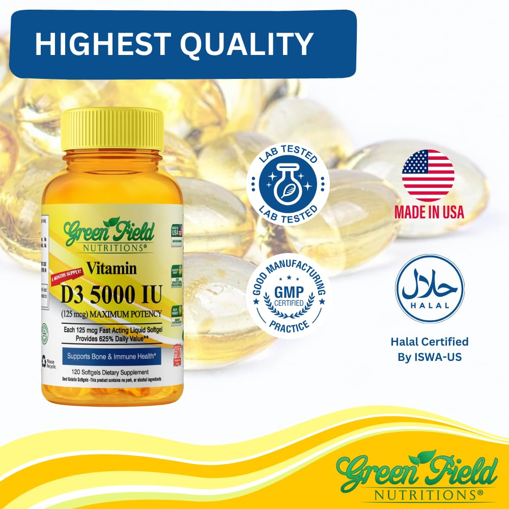GREEN FIELD NUTRITIONS Halal Vitamin D3 5000 IU Softgels, 120 Softgels