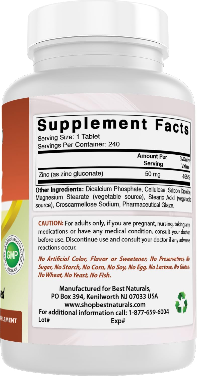 Best Naturals Zinc Gluconate 50mg Supplement Tablets 480