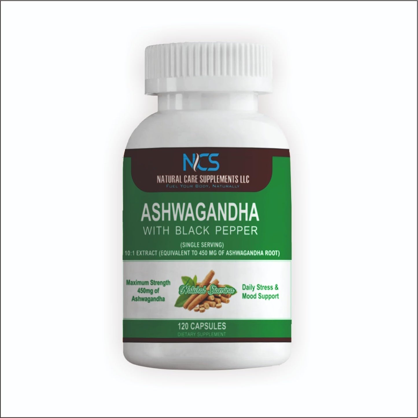 Natural Care Supplements Ashwagandha 450mg – Herbal Supplement with Black Pepper Capsules, 120 Count