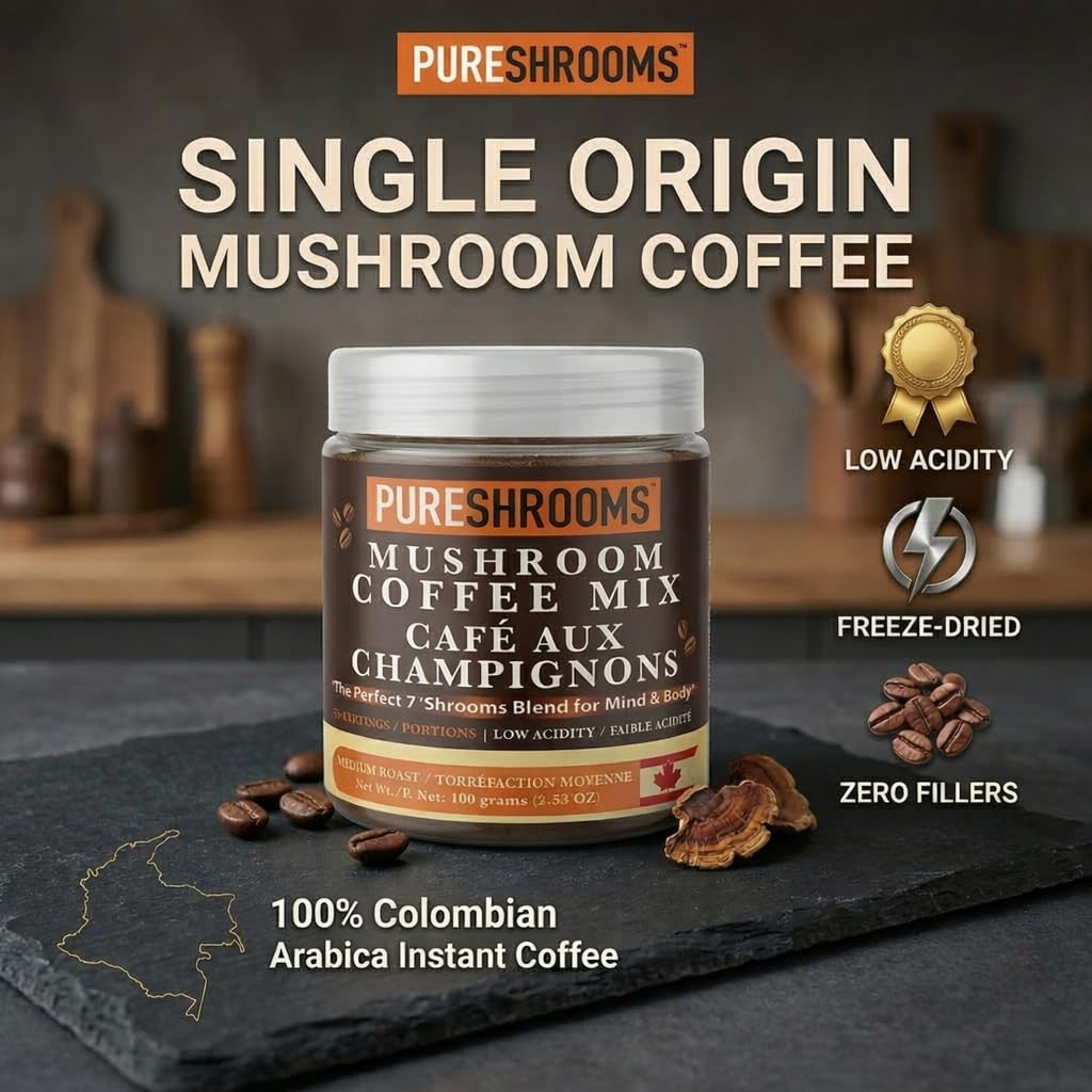 PureShrooms Perfect 7 Mushroom Coffee Powder - Instant Arabica with Organic Lion’s Mane, Reishi & Cordyceps, 50 Servings