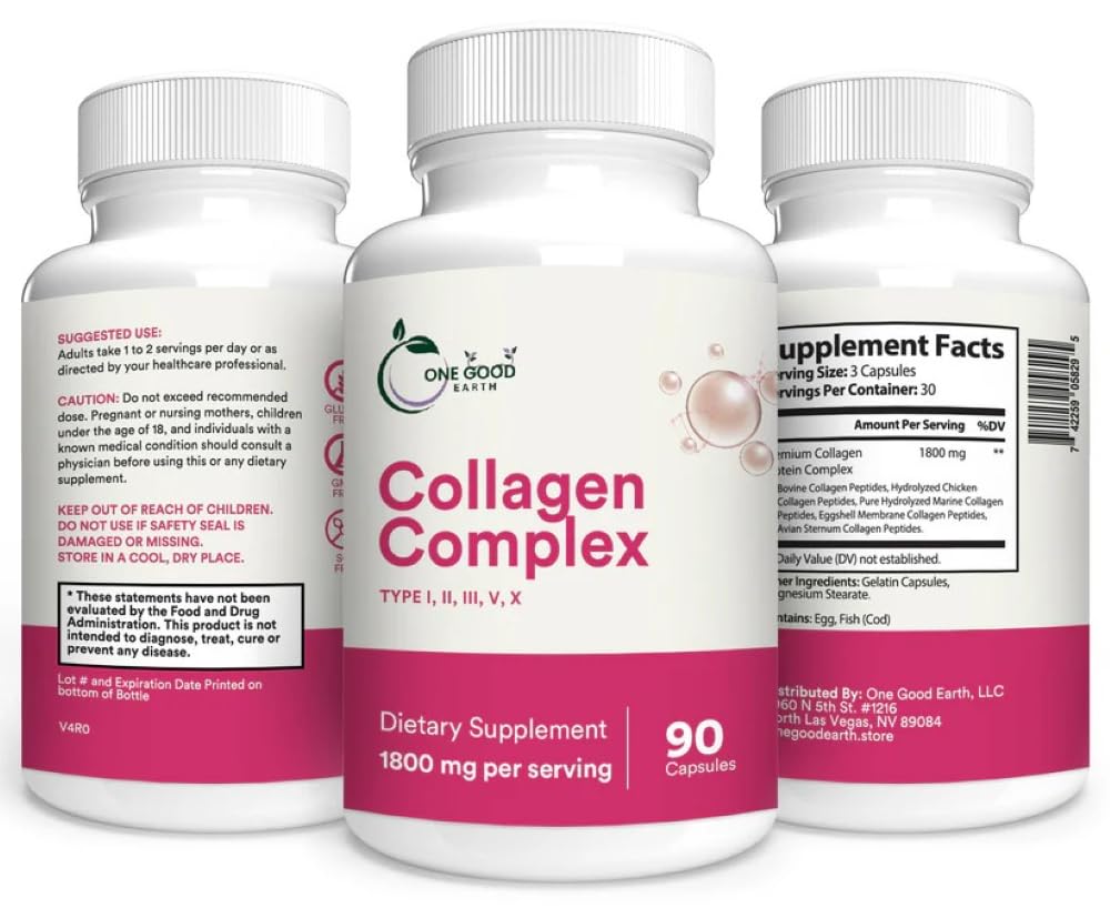One Good Earth Collagen Complex Bovine Peptides Type I, II, III, V, X 1800mg with Vitamin C Zinc Copper and Magnese Capsule 90 Count