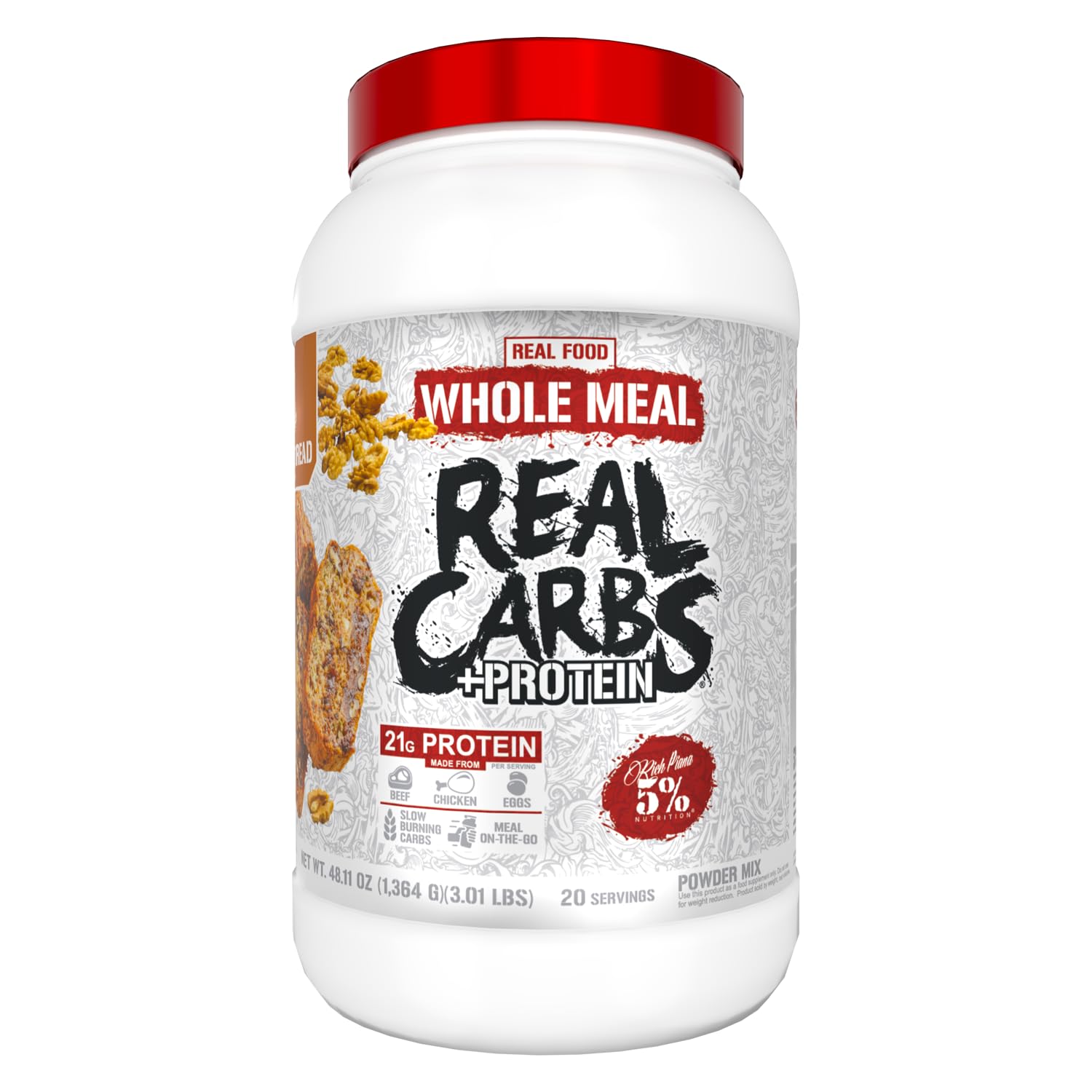 5% Nutrition Rich Piana Real Carbs + Protein Clean Mass Gainer Meal Replacement Protein Powder Banana Nut Bread, 3 lb, 20 Servings