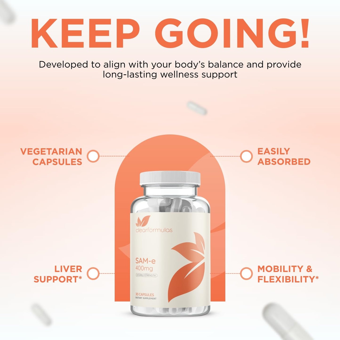 Clear Formulas Bioactive SAM-e 400mg - High Strength SAM-e Supplement with Biologically Active S,S Form for Liver and Mood Support - Vegan Non-GMO Preservative Free - Made in The US Capsule, 30 Count