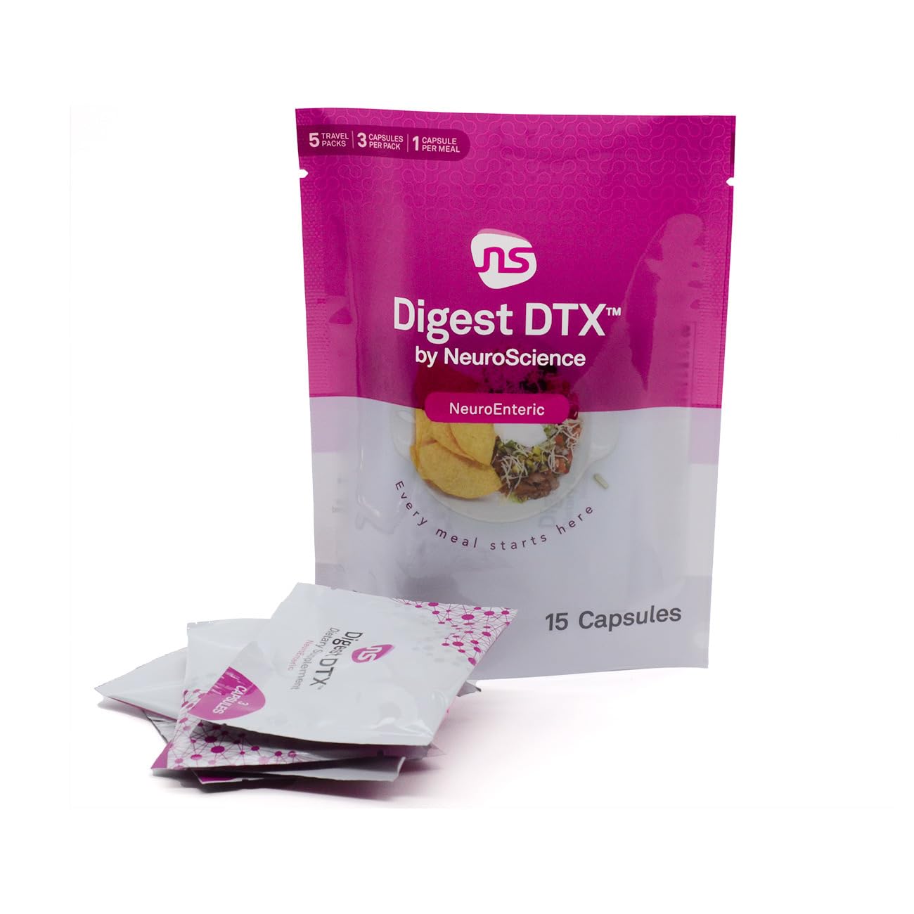 NeuroScience Digest DTX Travel Packs Digestive Enzymes for Men & Women + Apple Cider Vegar & Zinc Carnosine, 15 Capsules