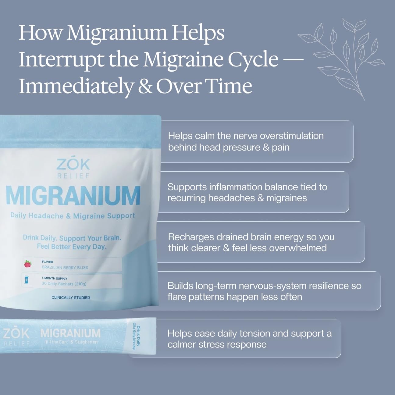 Migranium Daily Nervous System Support Magnesium Glycinate Powder, 400mg, 30 Travel Sachets