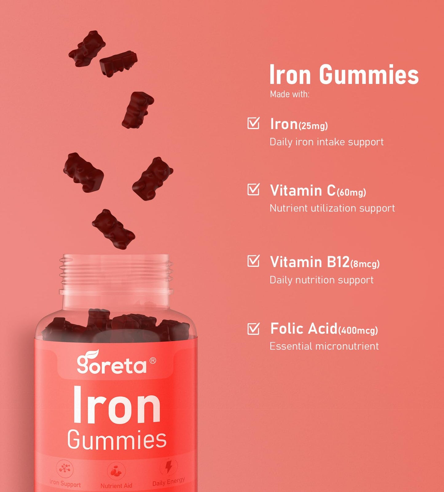 Goreta Iron Gummies with Bisglycinate 25mg, Vitamin C, B12 & Folic Acid, Pectin-Based, Cherry Flavor, 60 Count