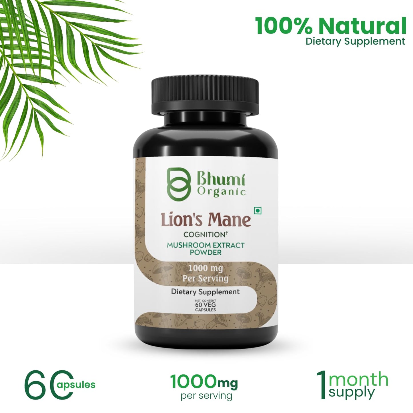 Bhumi Organic Lions Mane Mushroom Cognition 60 Capsules