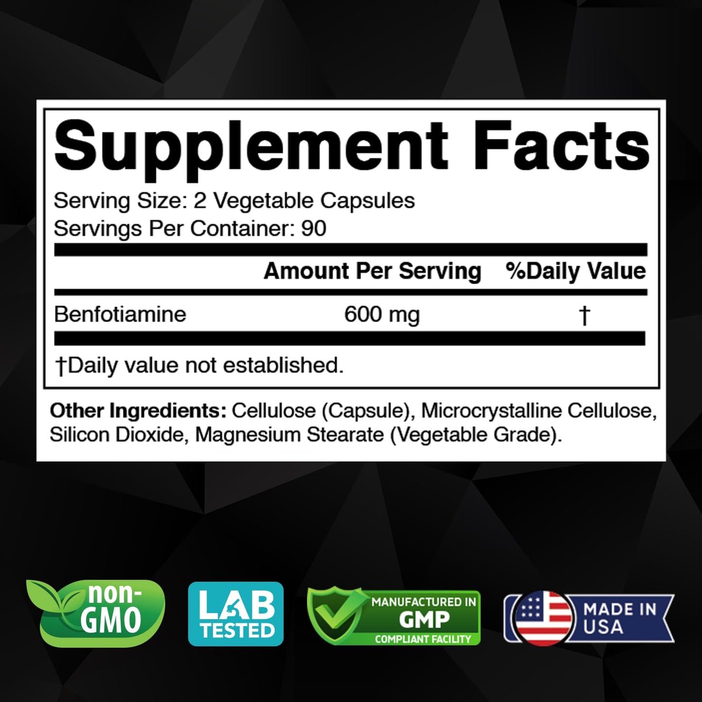 Vitabod Benfotiamine 600mg Fat-Soluble Vitamin B1 Supplement Capsules 180 Count