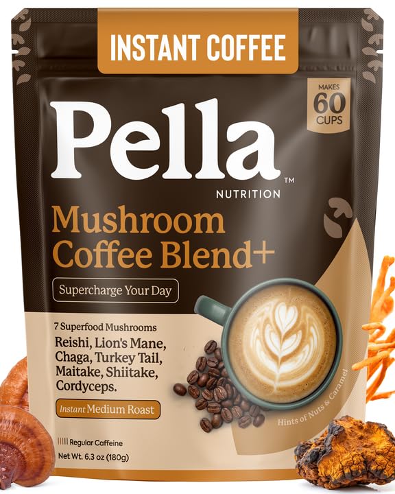 Pella Nutrition Mushroom Coffee with Lions Mane, Reishi, Chaga, Cordyceps, Shiitake, Maitake & Turkey Tail - Powder, 6.3 oz