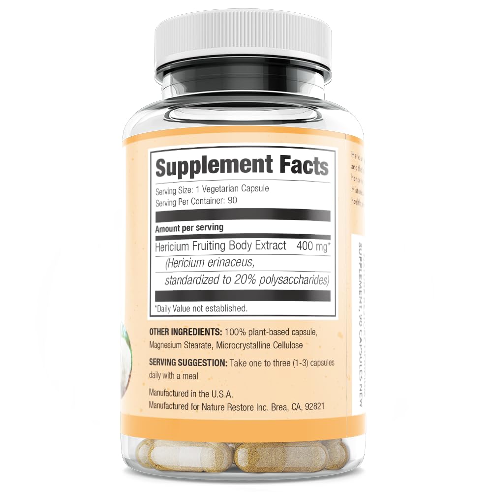 Nature Restore Hericium Erinaceus Lion’s Mane Mushroom Extract Capsules, 90 Count