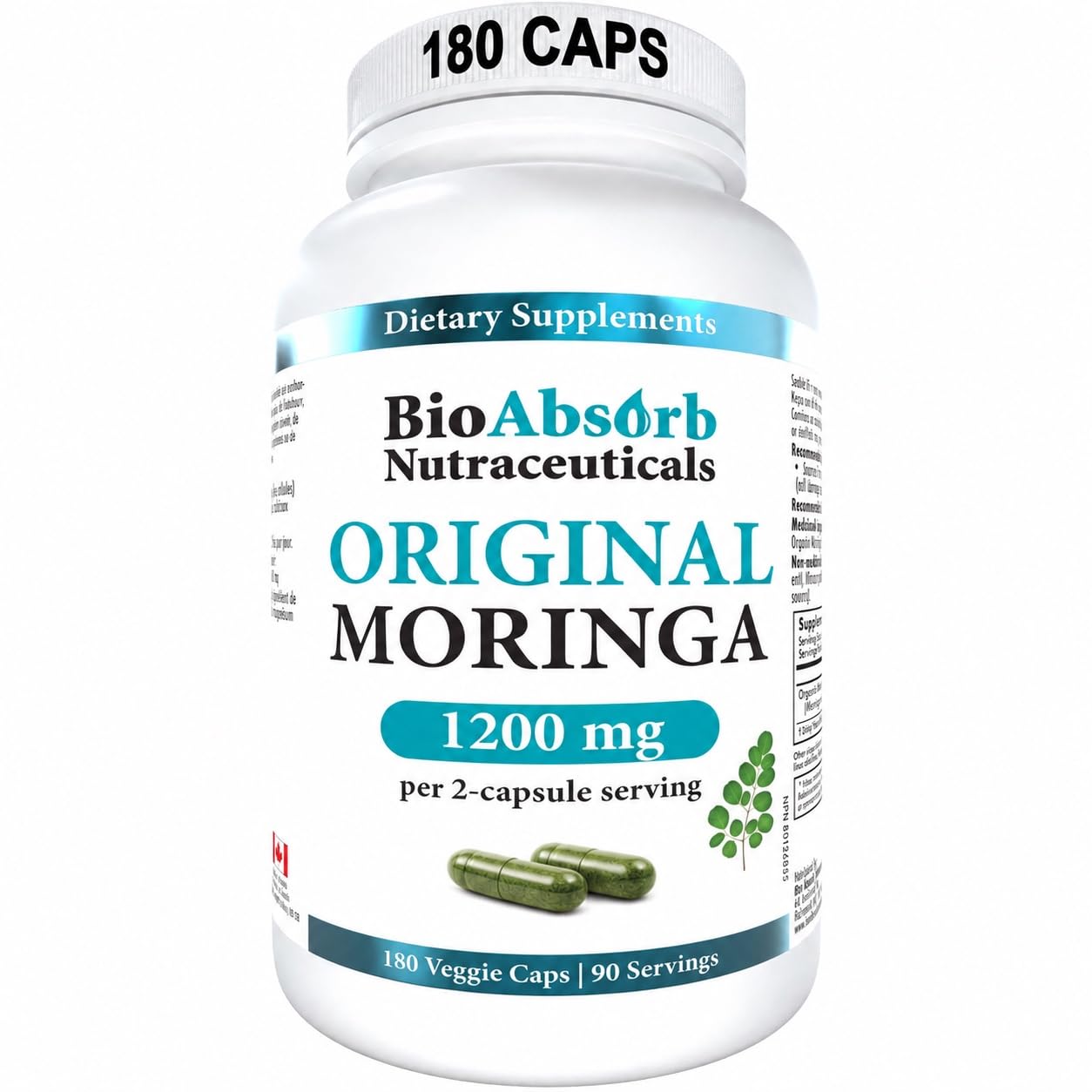 Bio Absorb Nutraceuticals Moringa Capsules 1200mg – Non-Irradiated Moringa Oleifera Leaf Powder, 180 Capsules