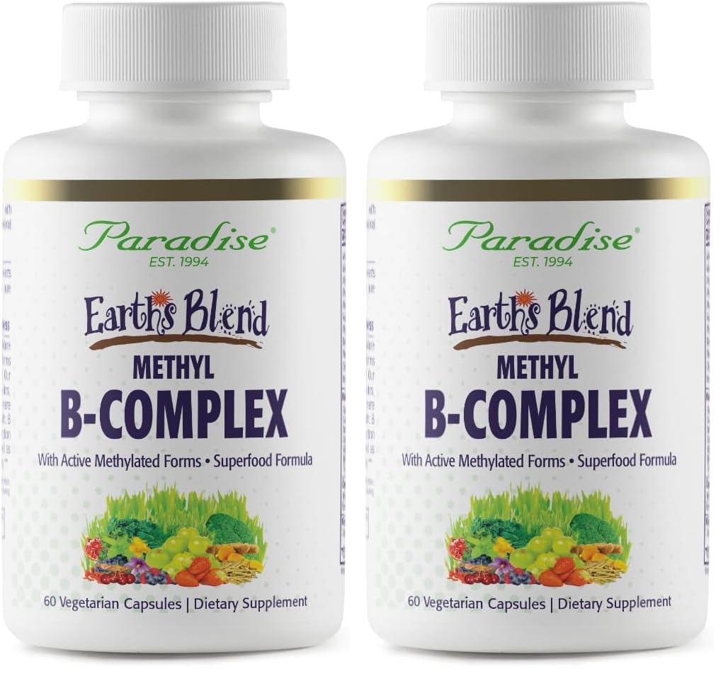Paradise Herbs Earth's Blend B-Complex, Methylated, Enzymatically Active Forms of B Vitamins + Superfoods, Supports Energy & Immunity, 120 Capsules