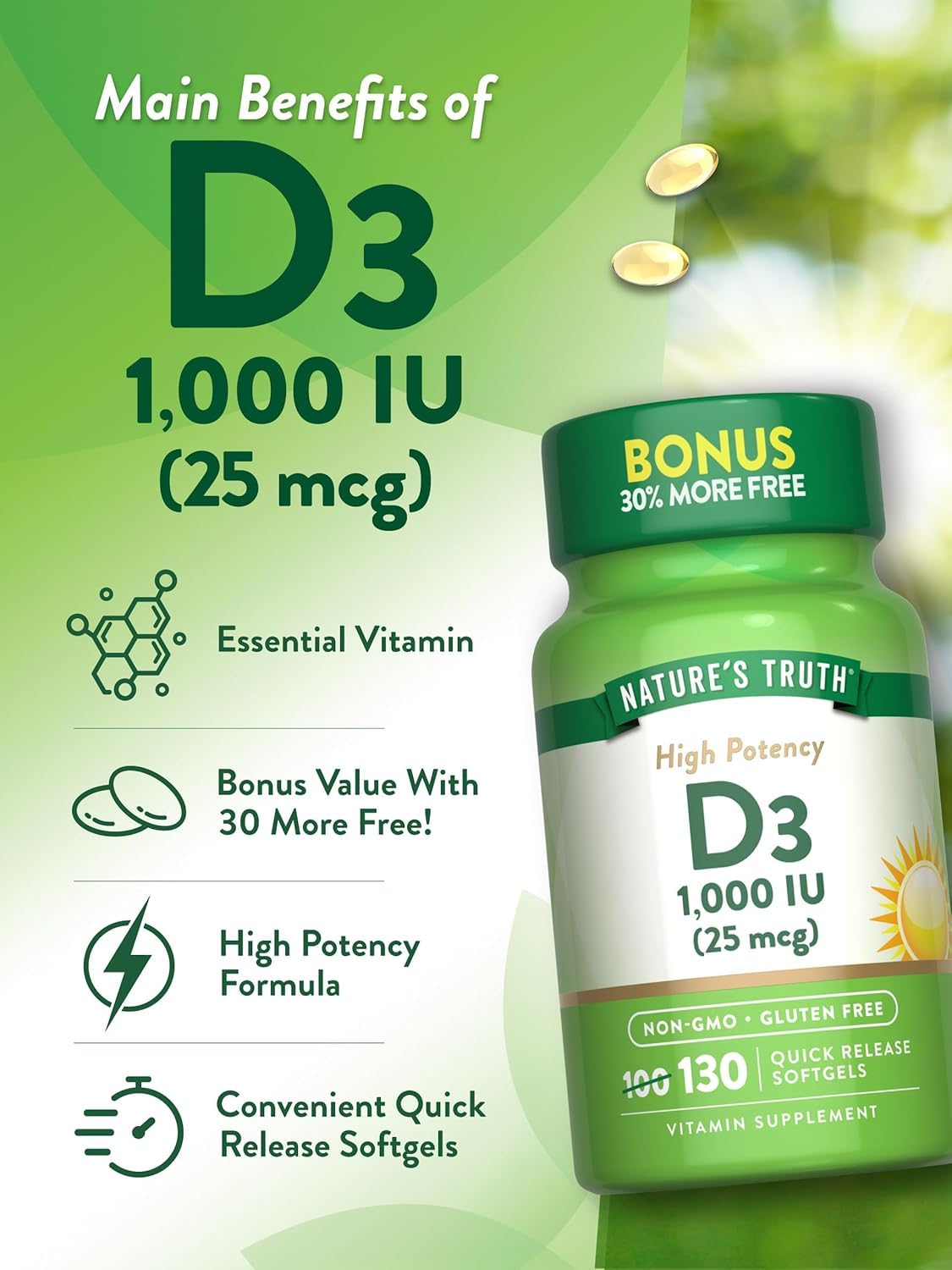 Nature's Truth Vitamin D3 1000 IU Softgels, 390 Count