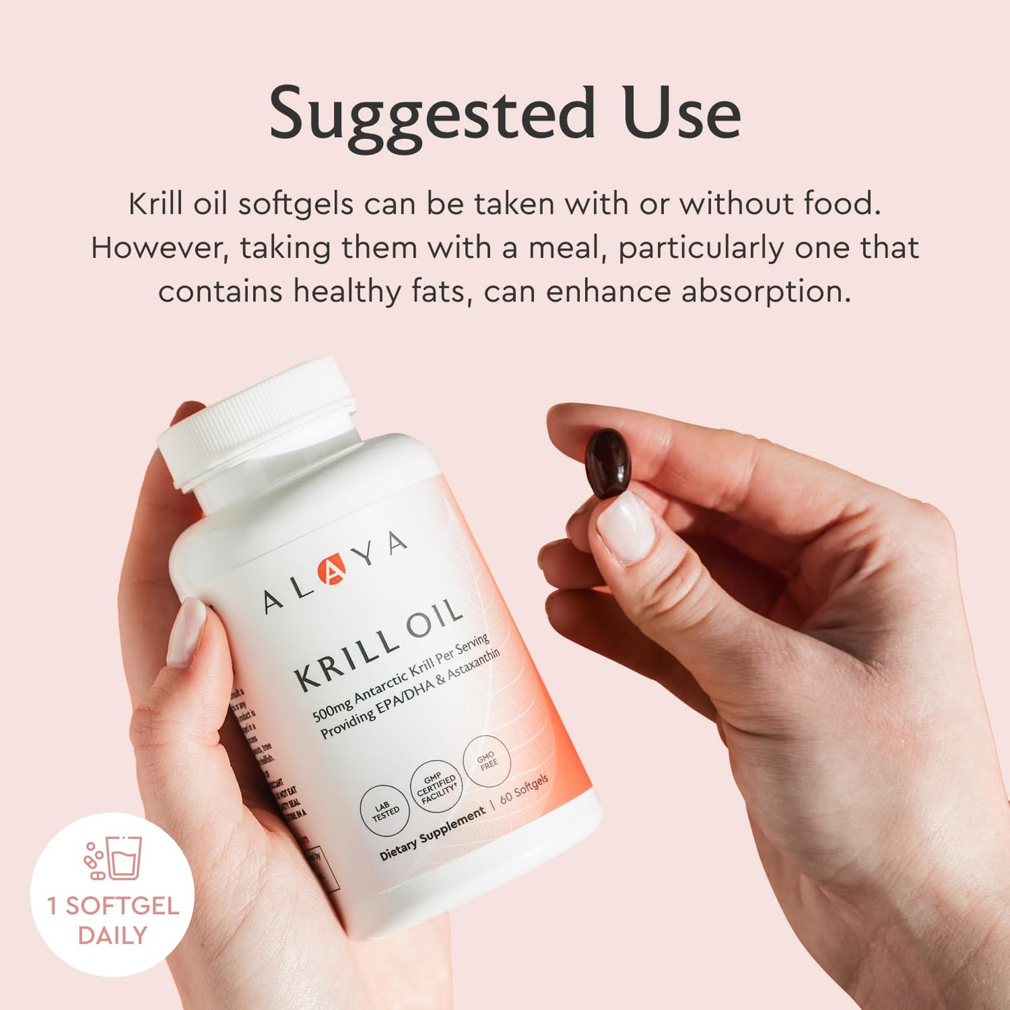 Alaya Naturals Antarctic Krill Oil 500mg Supplement with Phospholipids, EPA/DHA Omega-3 & Astaxanthin Softgels 60