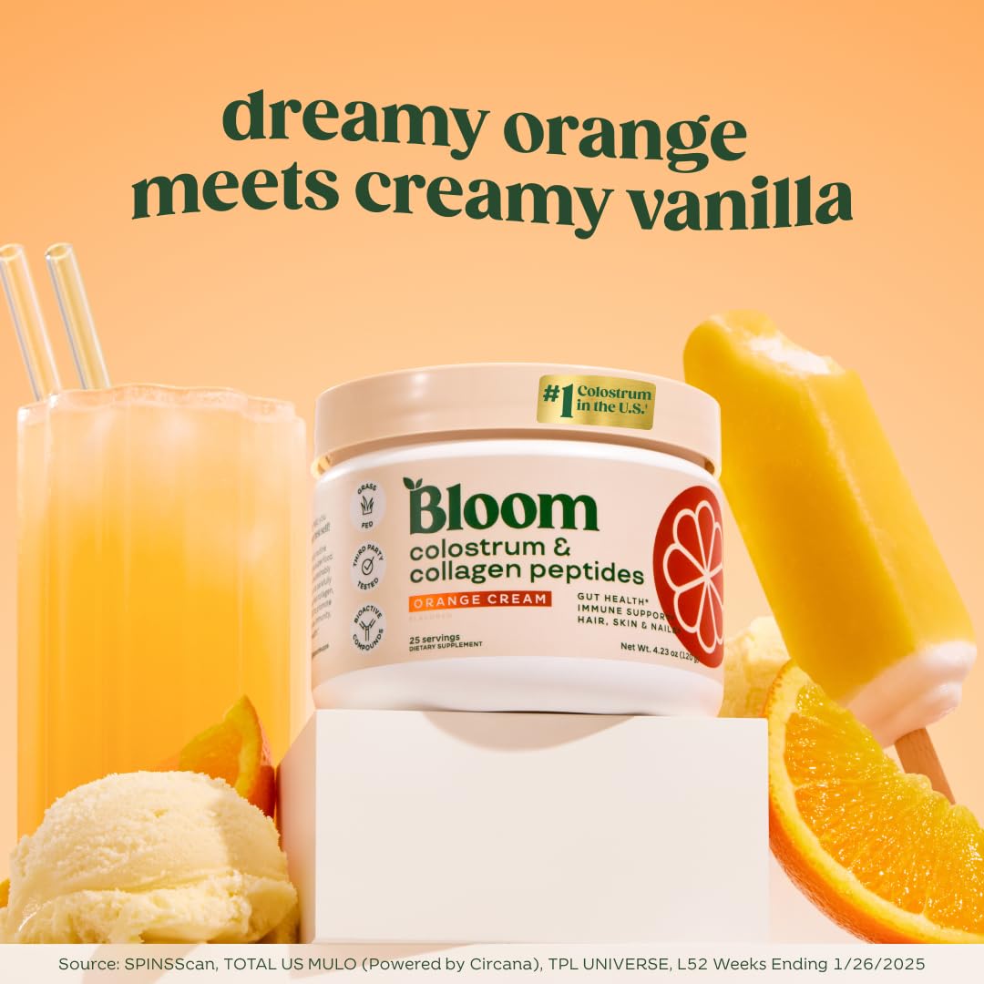 Bloom Nutrition Bovine Colostrum Powder with Vitamin B-12 for Gut Health, Immune Support, Hair Growth & Beauty Supplement | Orange Cream, 25 Servings, 4.23