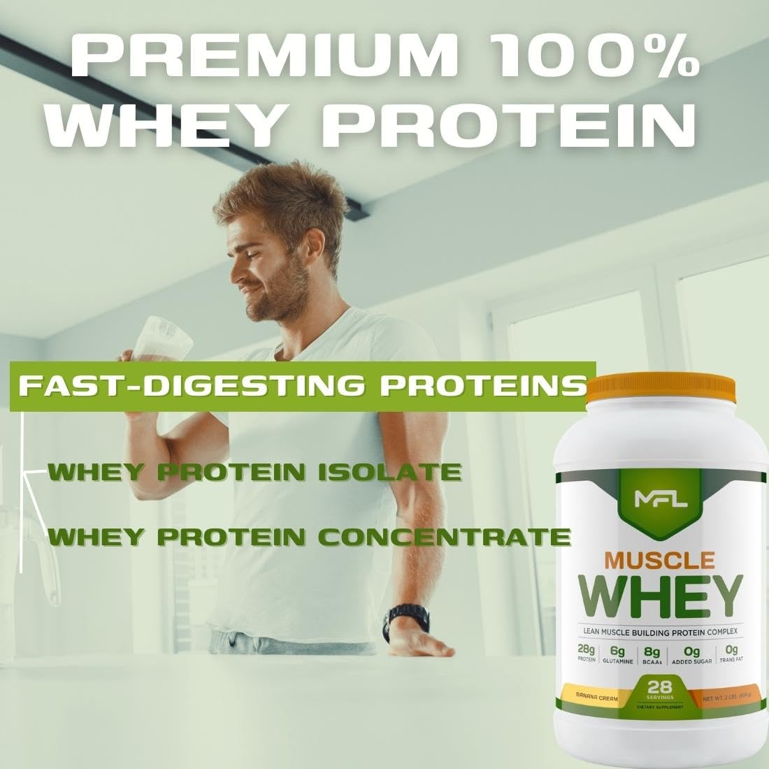 MUSCLE FOOD LABS Muscle Whey Protein Powder, Vanilla Bean, 2 lb, 32 Servings