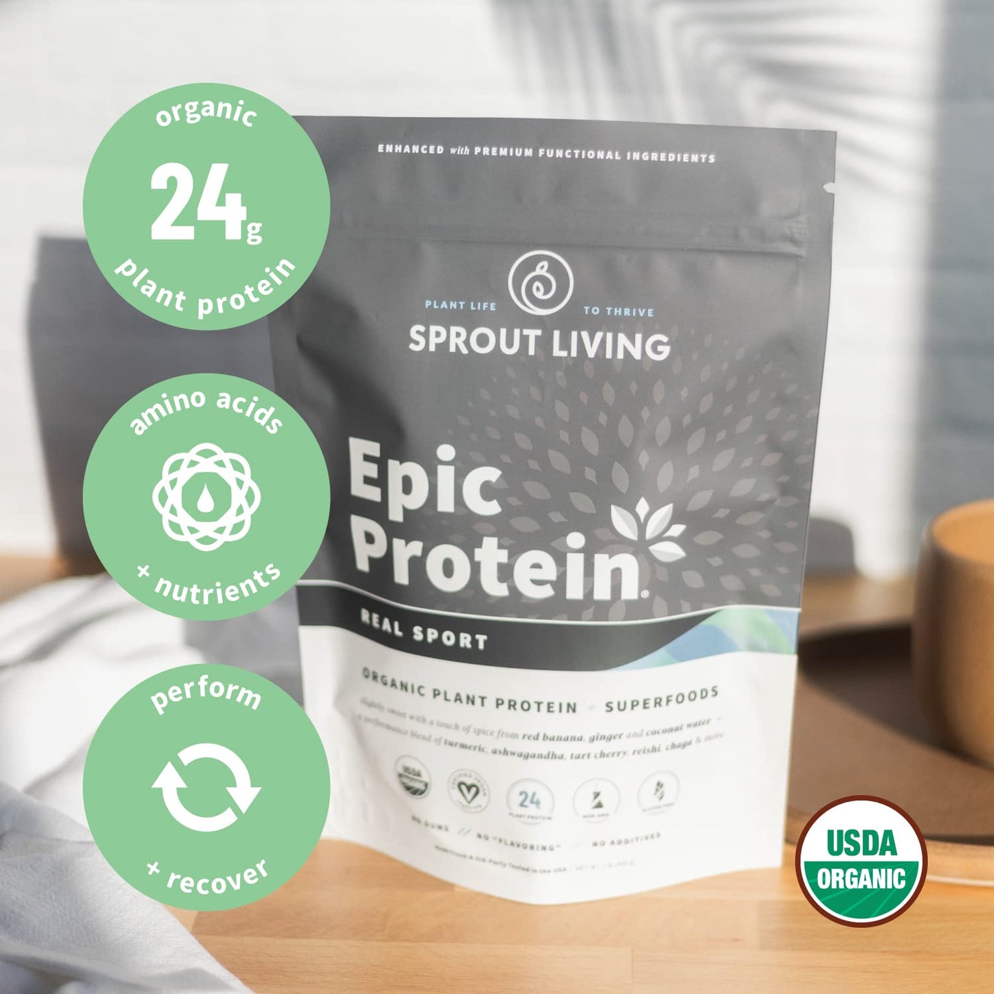 Sprout Living Epic Protein Plant-Based Protein & Superfoods Powder Real Sport, 16 Servings