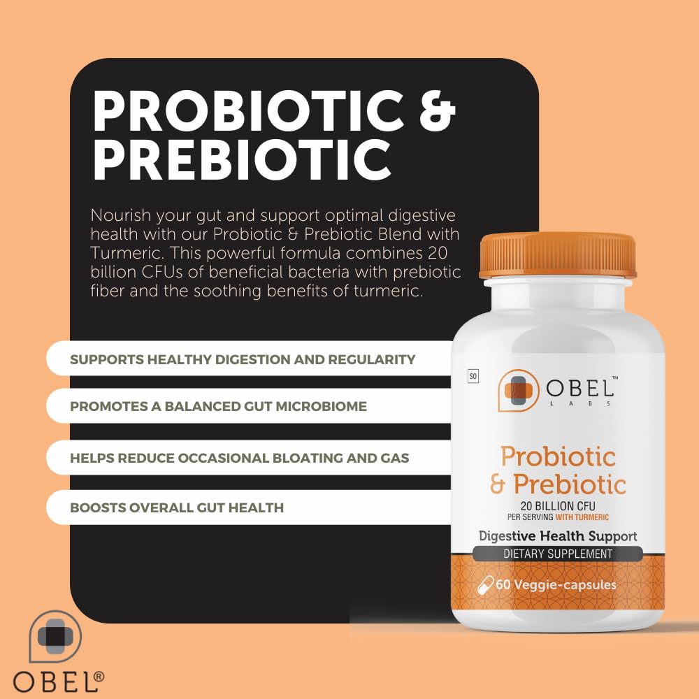 obel Probiotic & Prebiotic Supplement with Turmeric 20 Billion CFU, 4 Strains, 60 Capsules