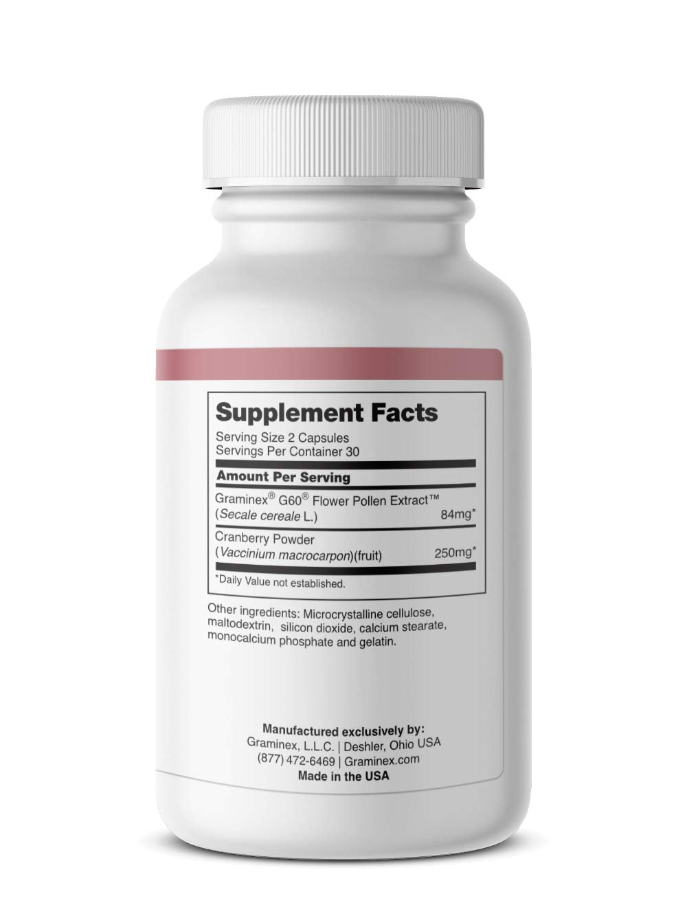 Graminex PollenBerry Dietary Supplement - G60 Concentrated Flower Pollen Extract, Cranberry Powder - 60 Capsules