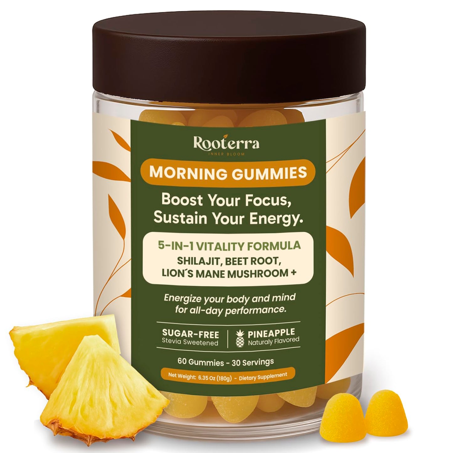 Rooterra Inner Bloom Pure Shilajit Gummies with Lion’s Mane & Cordyceps – Morning Energy & Focus – Green Coffee & Beet Root – Pineapple, 60 Gummies
