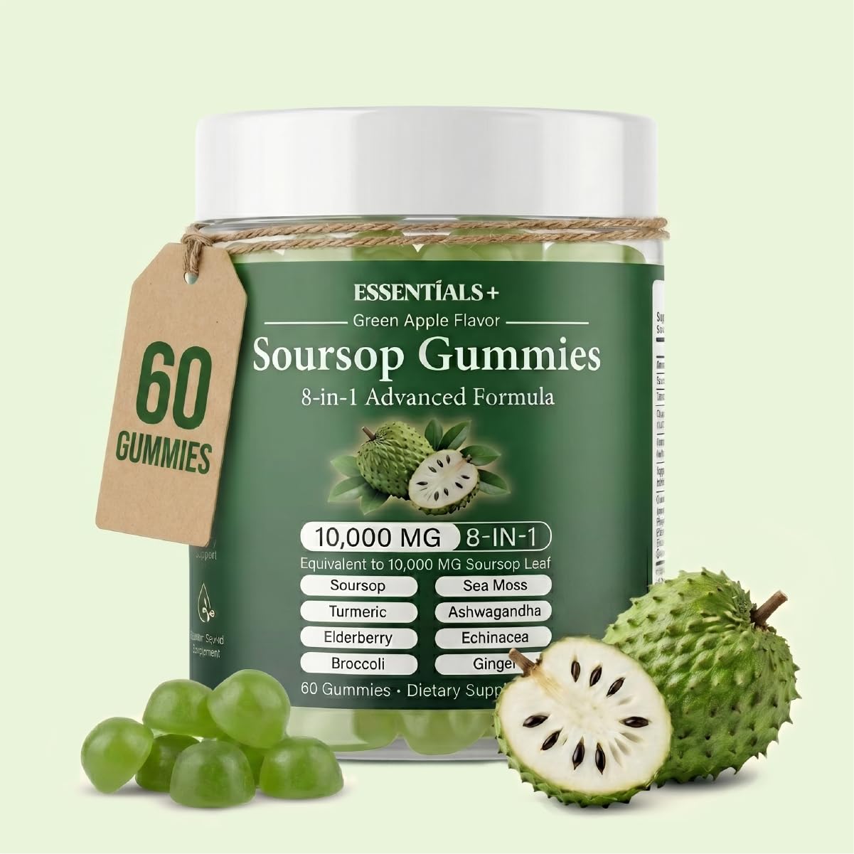 Essentials+ Soursop Gummies with Sea Moss & Elderberry, Green Apple, 60 Count