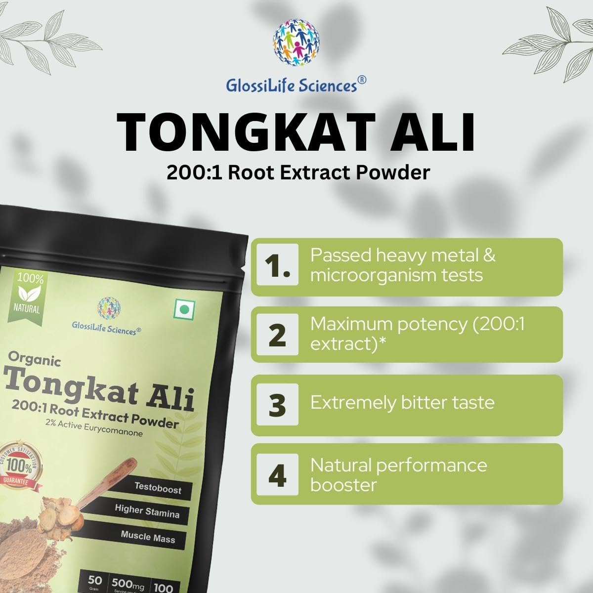 GlossiLife Sciences Tongkat Ali Extract Powder, 3.5 oz