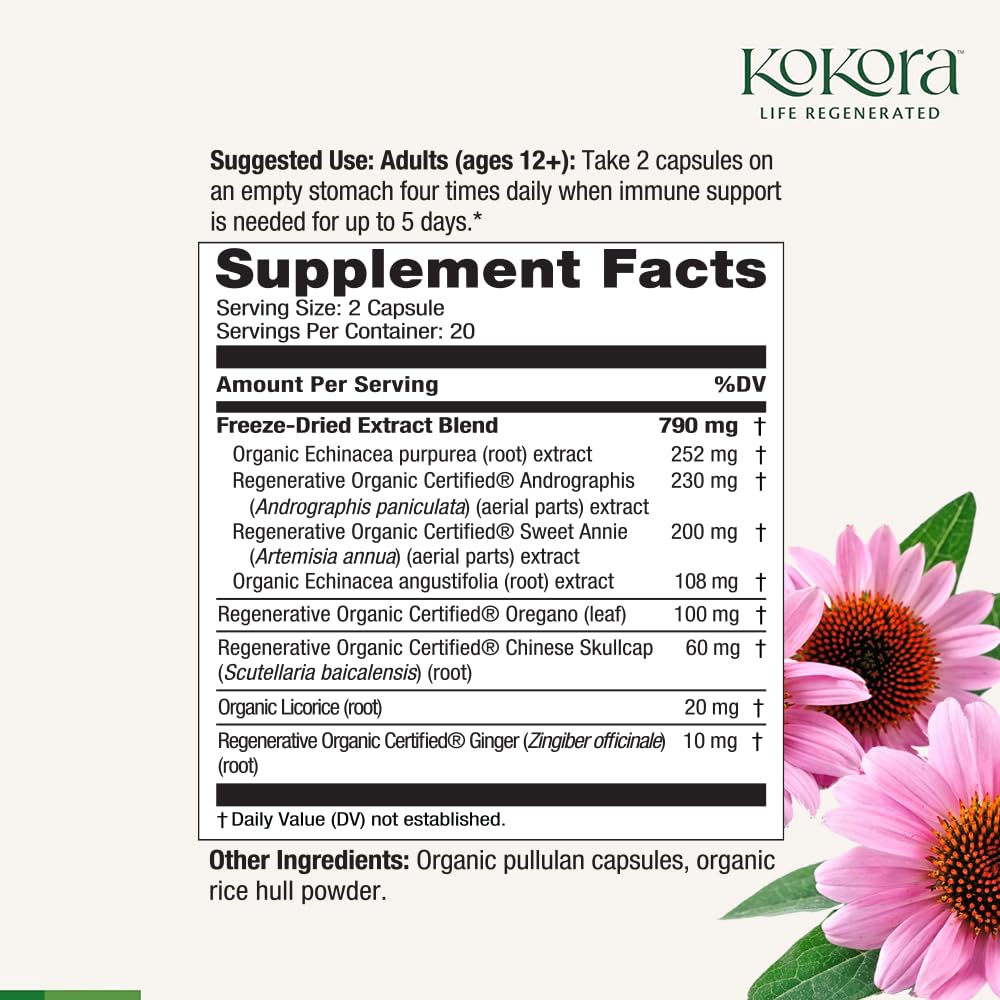 kokora Quick Response Herbal Immune Support Supplement with Andrographis, Echinacea & Oregano – Seasonal Immune Defense Capsules, 40 Count