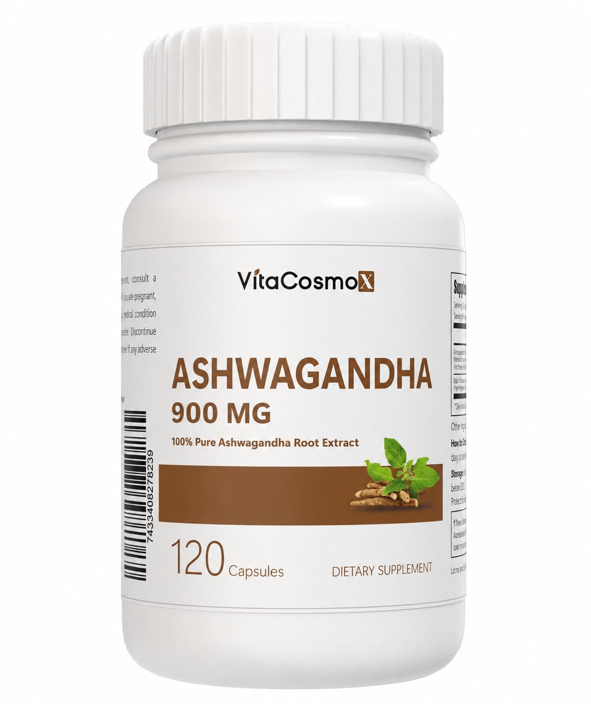 VitaCosmoX Ashwagandha Root Extract 900 mg with Black Pepper Extract 10 mg Per Serving, 120 Vegetarian Capsules