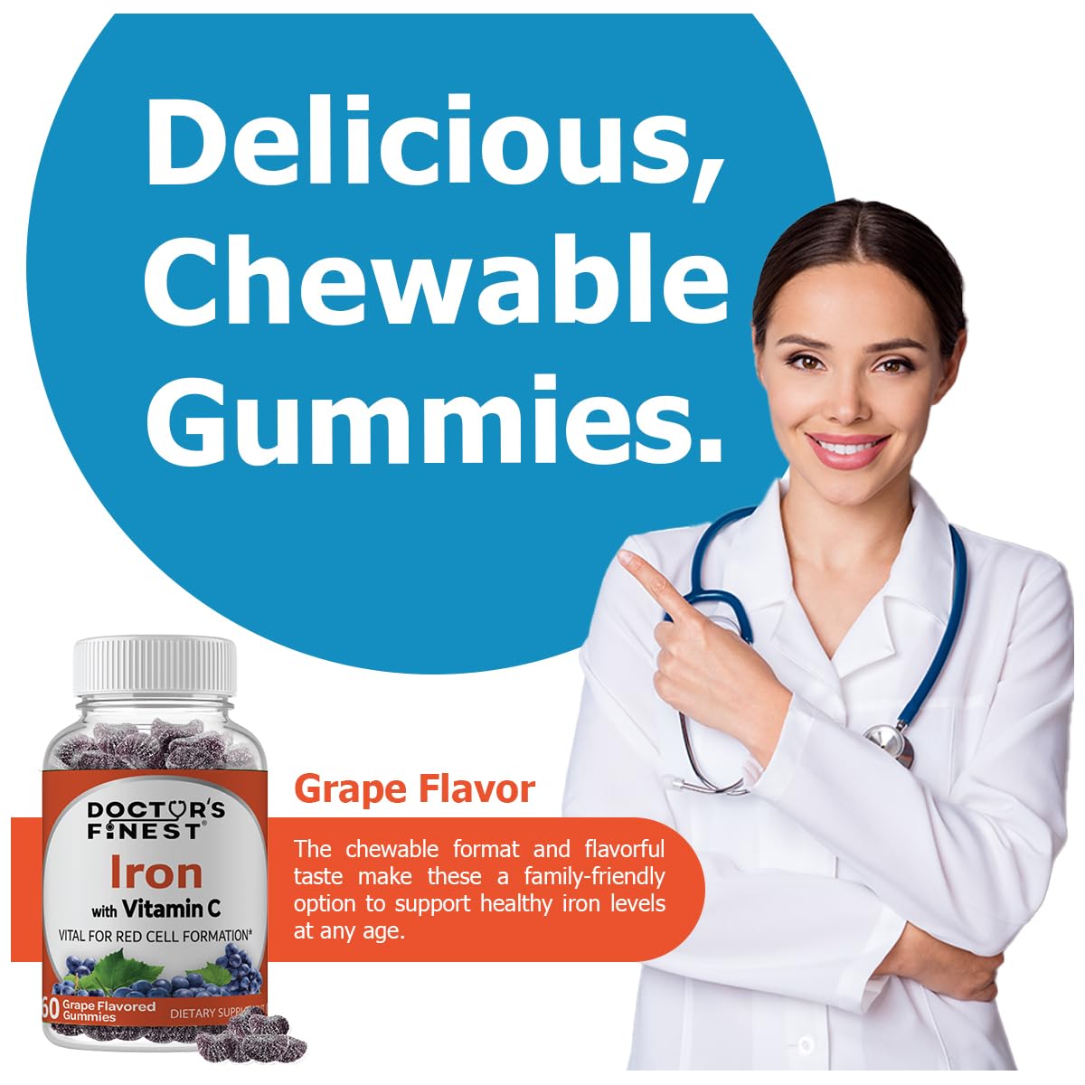 Doctor's Finest Iron with Vitamin C, Grape Gummy, 60 Gummies
