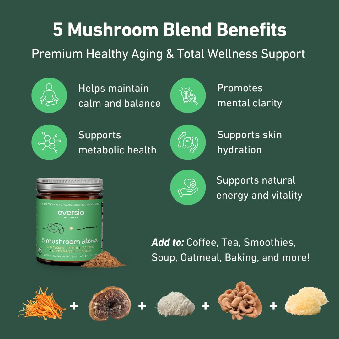 Eversio Wellness Organic 5 Mushroom Blend Powder, 60 Servings (60g), 1 Pack