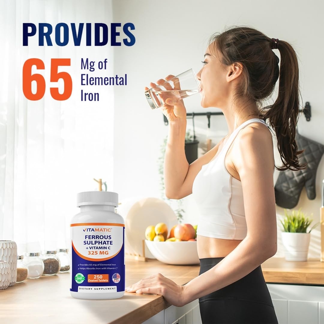 Vitamatic Ferrous Sulfate 325 mg with Vitamin C 100 mg (65 mg Elemental Iron) High Potency Iron Supplement No Artificial Colors 500 Tablets