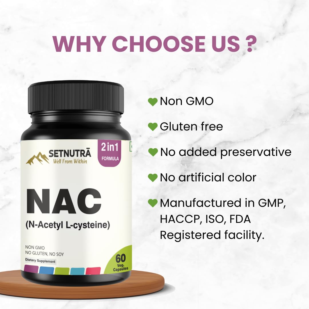 SETNUTRA Well From Within NAC (N Acetyl L Cysteine) 500 Mg with Black Pepper Immune & Lung Support, Antioxidant & Glutathione Production Support Capsules 60
