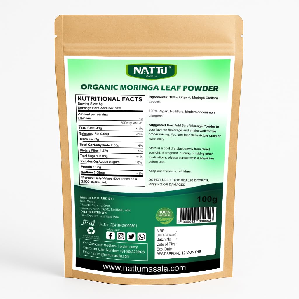 NATTU MASALA 100% Pure Moringa Leaf Powder, 3.53 Ounce