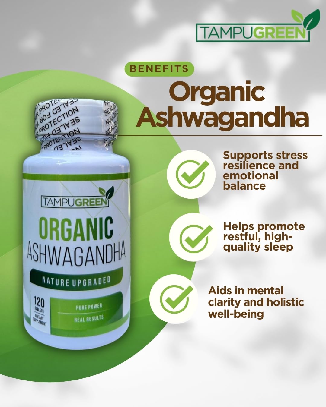 TAMPUGREEN Organic Ashwagandha 675 mg Root Extract with Black Pepper Caplets 120