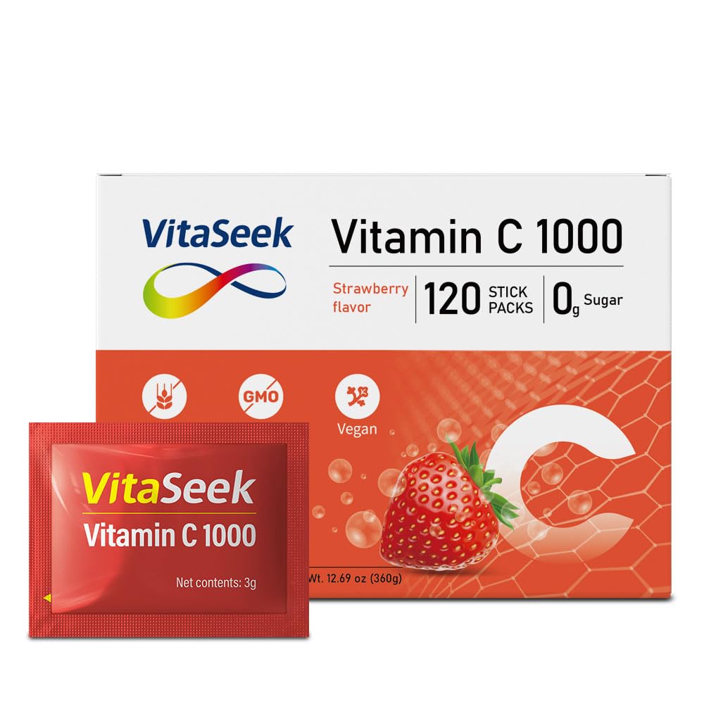 VitaSeek Vitamin C Powder 1000mg, Sugar Free Strawberry Flavor, 120 Packets