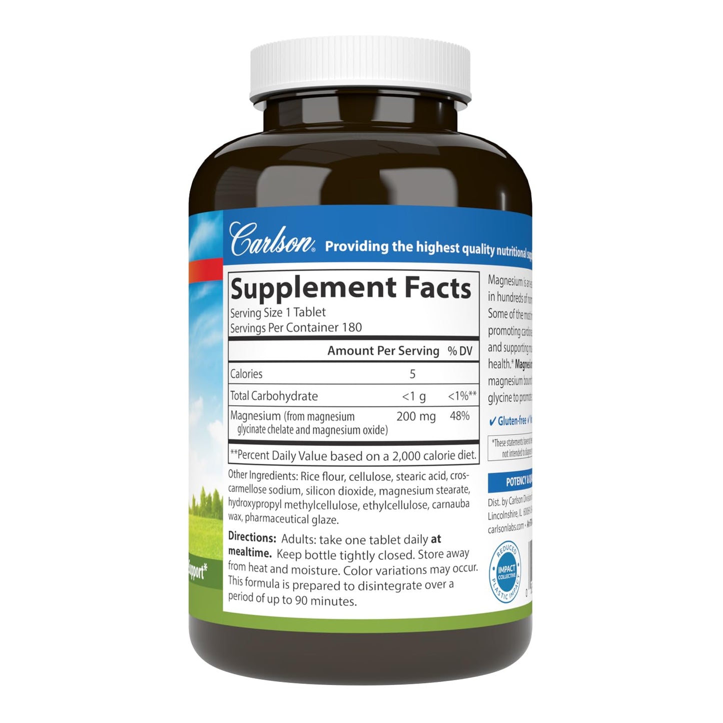 Carlson Buffered Magnesium Glycinate 200 mg, 180 Tablets