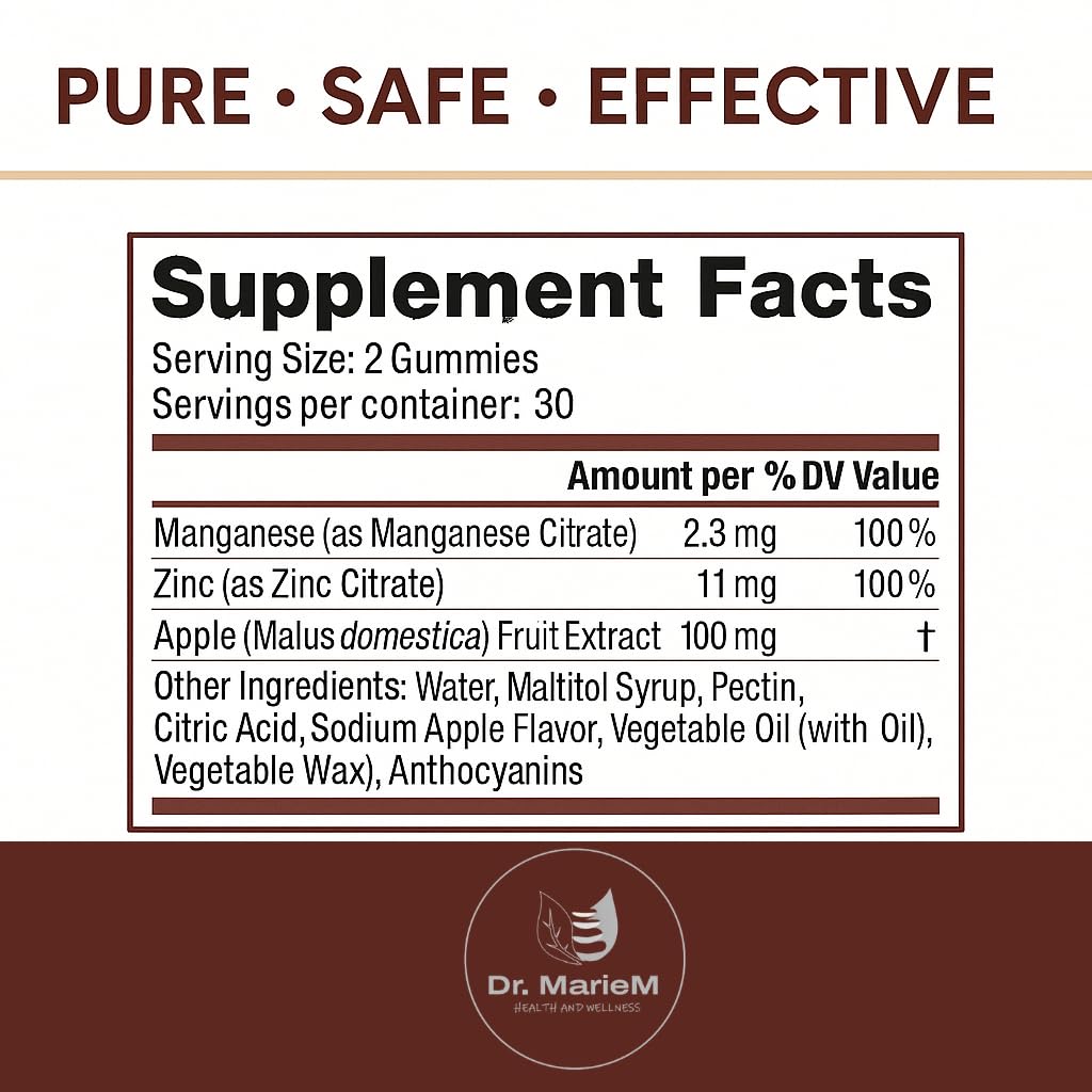 Dr. MarieM MangaZinc+ Gummies – Manganese + Zinc for Nerve Function, Cognitive Support & Immune Health – Apple Flavor – 7.93 oz