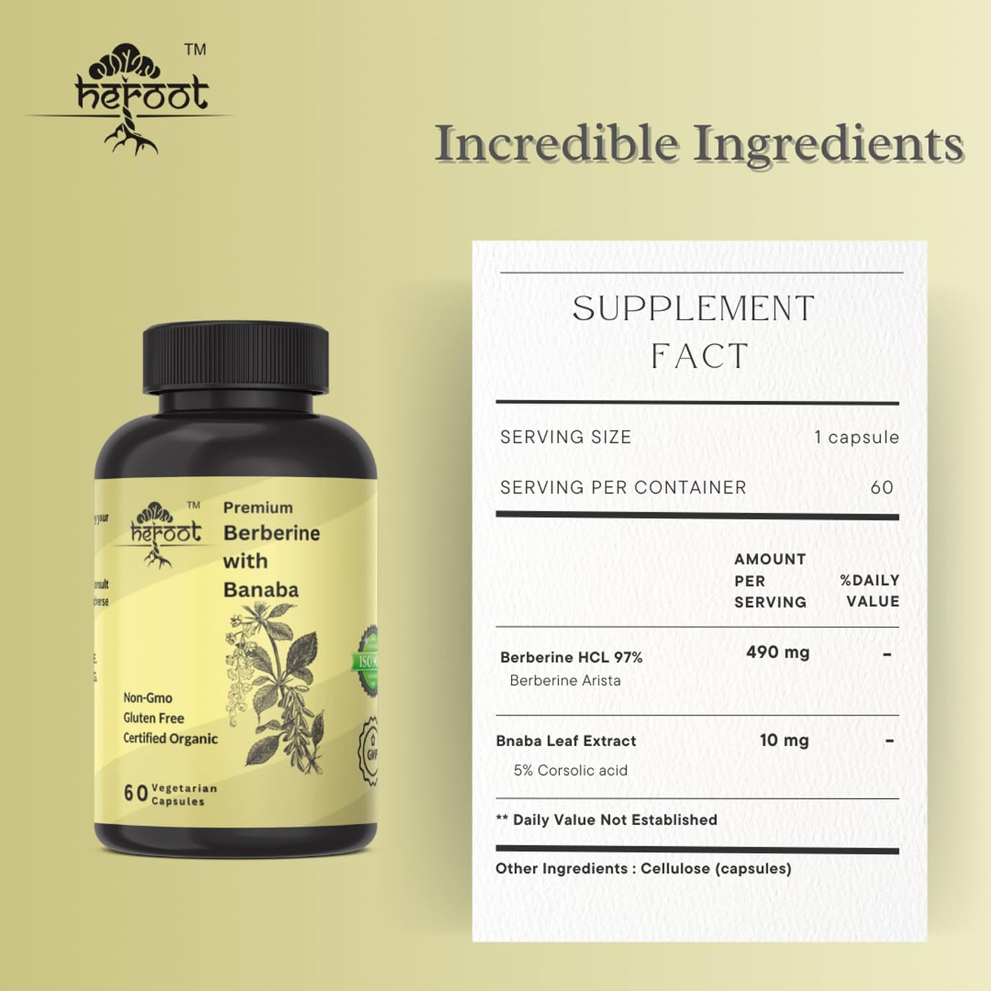 Heroot Berberine HCl with Banaba 500mg Root Extract Capsule, 60 Capsules