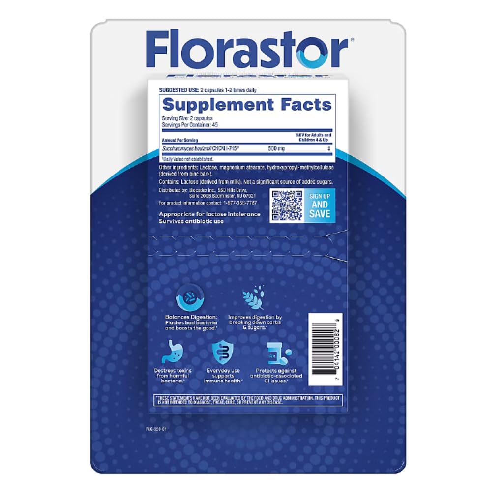 Biocodex Florastor Dual Action Probiotic Supplement – Strengthens Digestive & Immune Health, Balances Gut Flora, 500mg Saccharomyces Boulardii CNCM-I-745 Capsule, 90 Count
