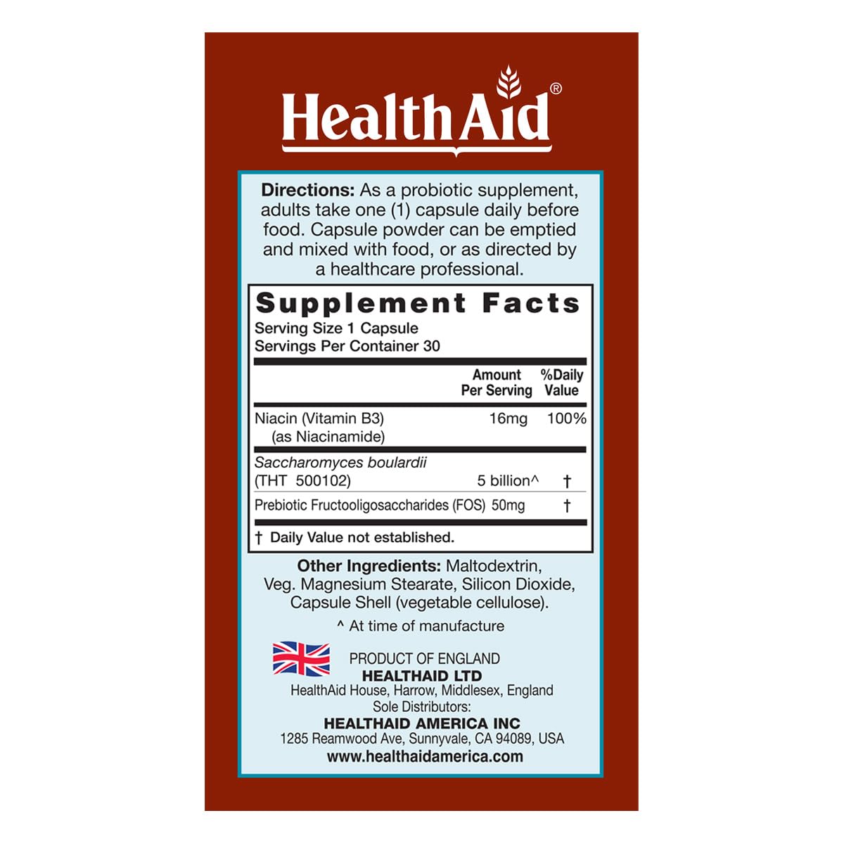 HealthAid Sacardi Saccharomyces Boulardii Capsules 30 Count