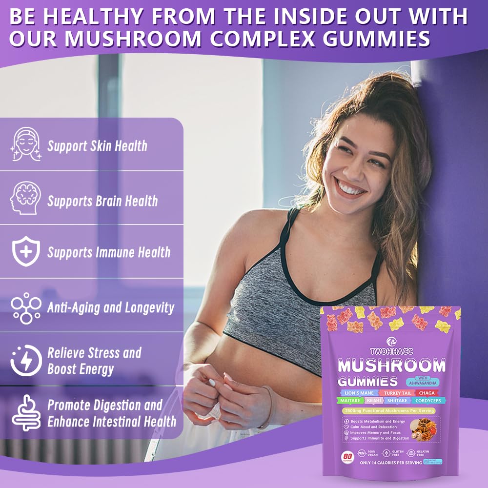 TWOHHACC Mushroom Supplement Gummies with Ashwagandha and Lions Mane, Maitake, Turkey Tail, Reishi, Chaga, Shiitake, Cordyceps Nootropic Brain Supplement, 80 Gummies